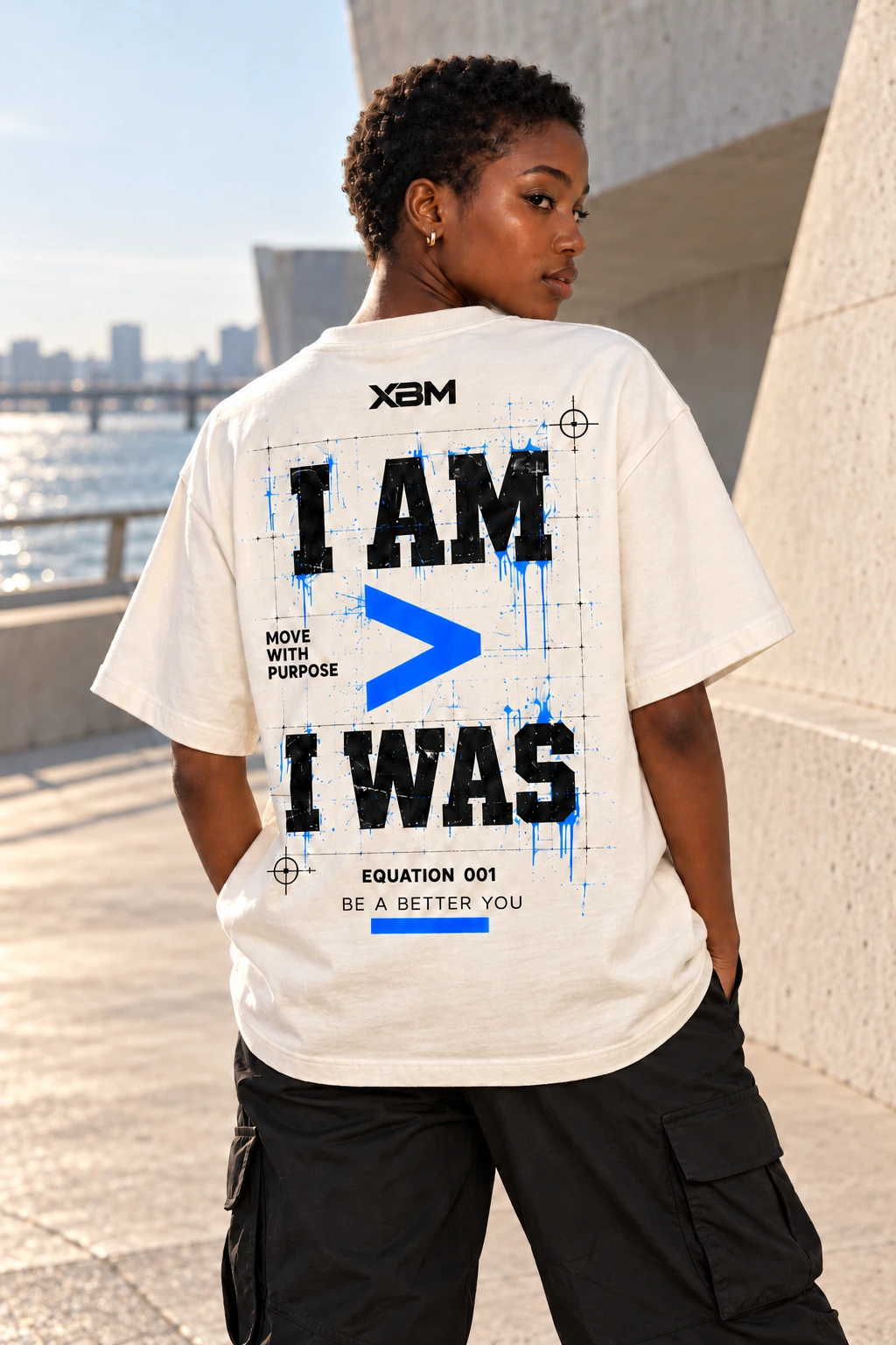 Equation 001 cream oversized tee with the I AM greater than I WAS back artwork