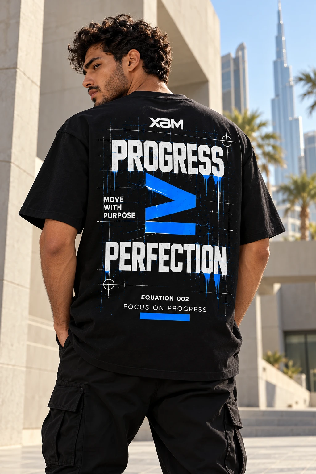 Equation 002 black oversized tee with the PROGRESS greater than or equal to PERFECTION back artwork
