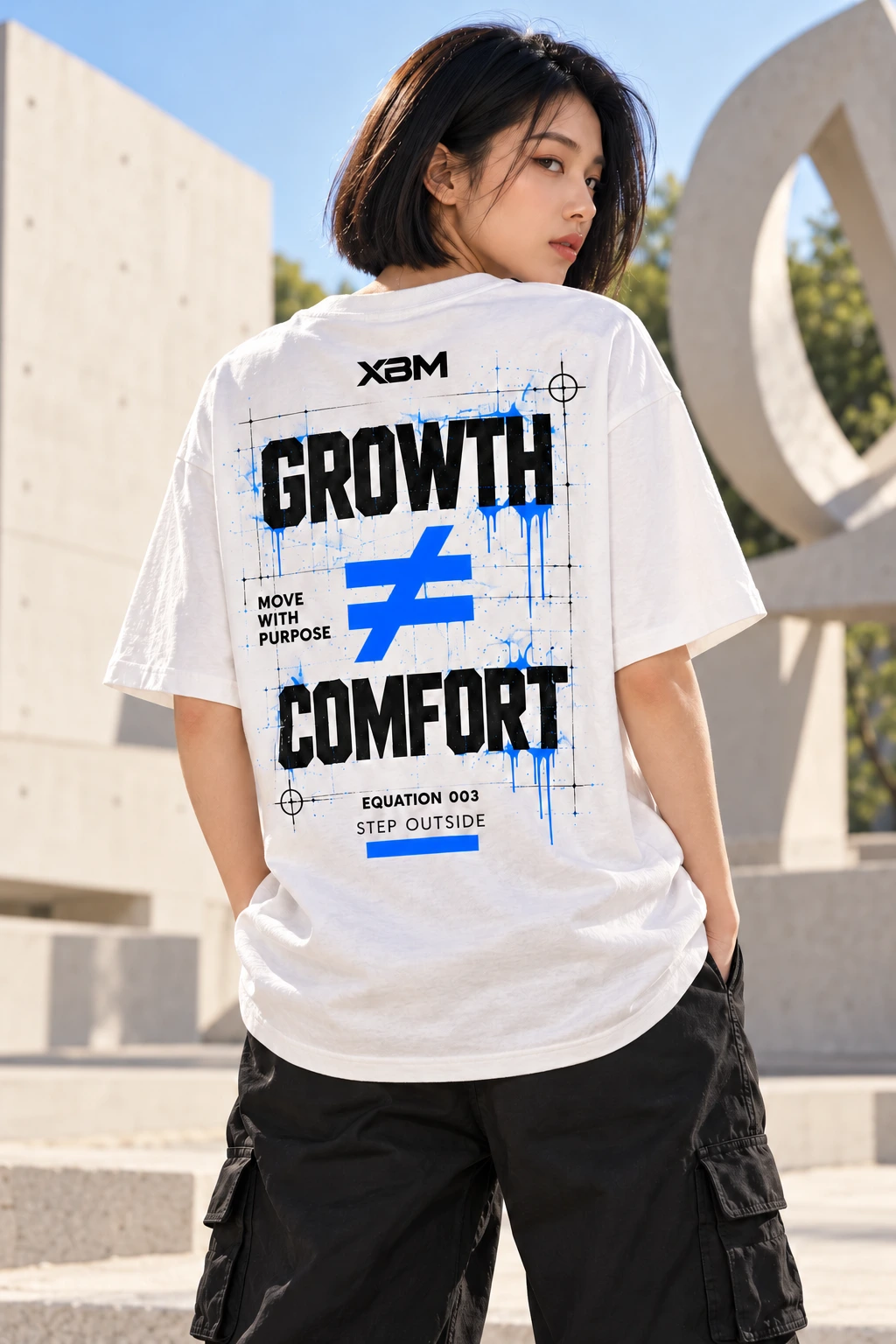 Equation 003 cream oversized tee with the GROWTH does not equal COMFORT back artwork